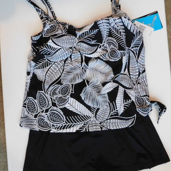 Maxine of Hollywood Azul Swim Dress Skirt Black White Tropical One-Piece NWT - Picture 1 of 12